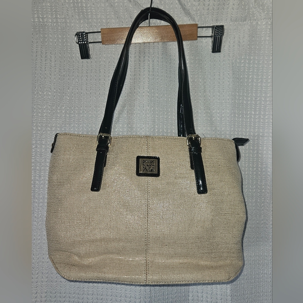 ANNE Klein Woven and Black Patent Tote Style Handbag Bag Purse